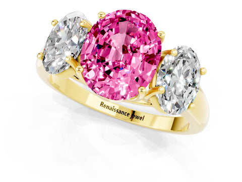 Yellow gold Three-Stone Oval Cut Pink Sapphire Engagement Ring with Prong Setting_1