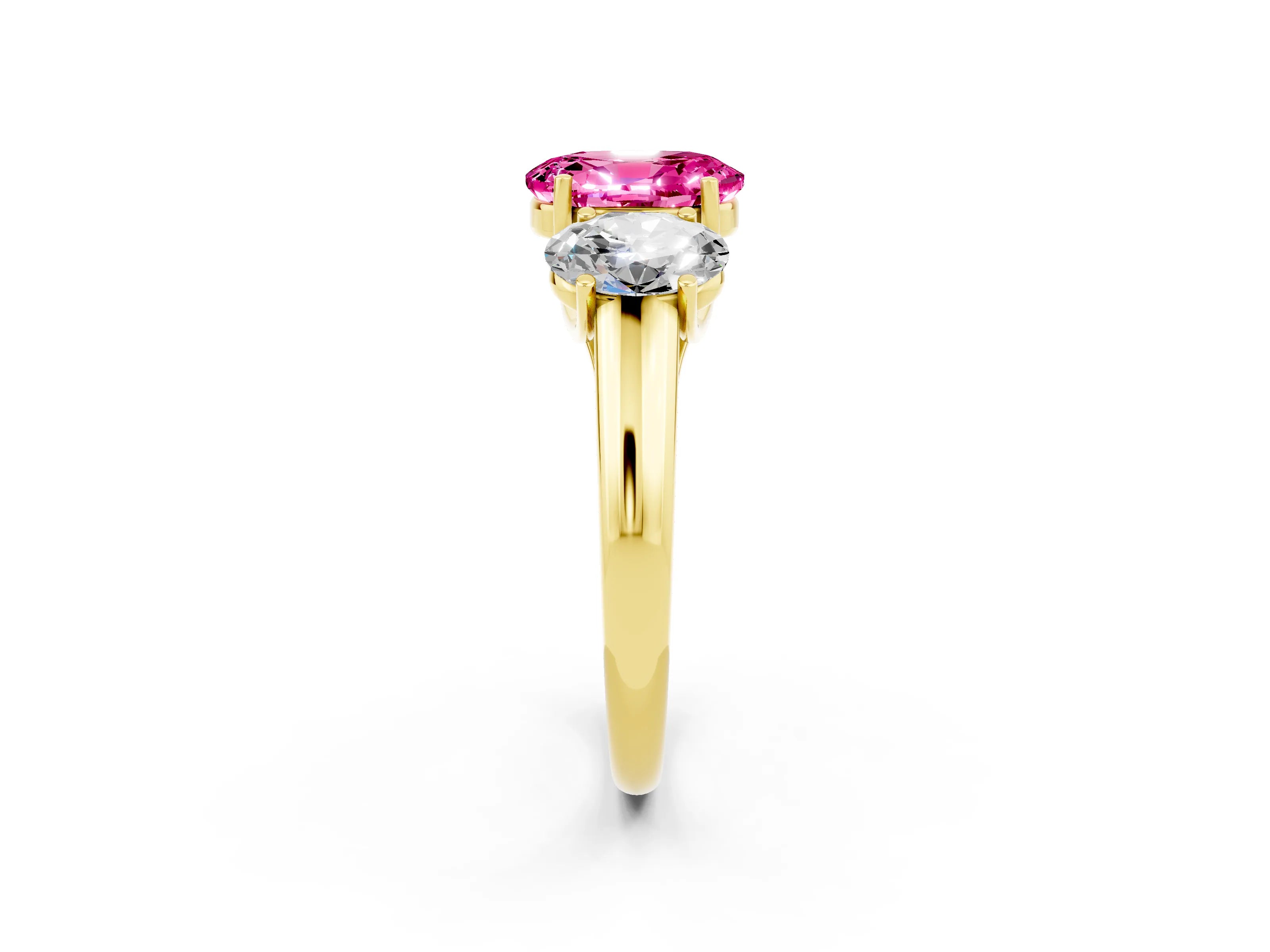 Yellow gold Three-Stone Oval Cut Pink Sapphire Engagement Ring with Prong Setting_2