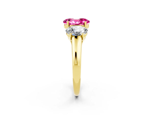 Yellow gold Three-Stone Oval Cut Pink Sapphire Engagement Ring with Prong Setting
