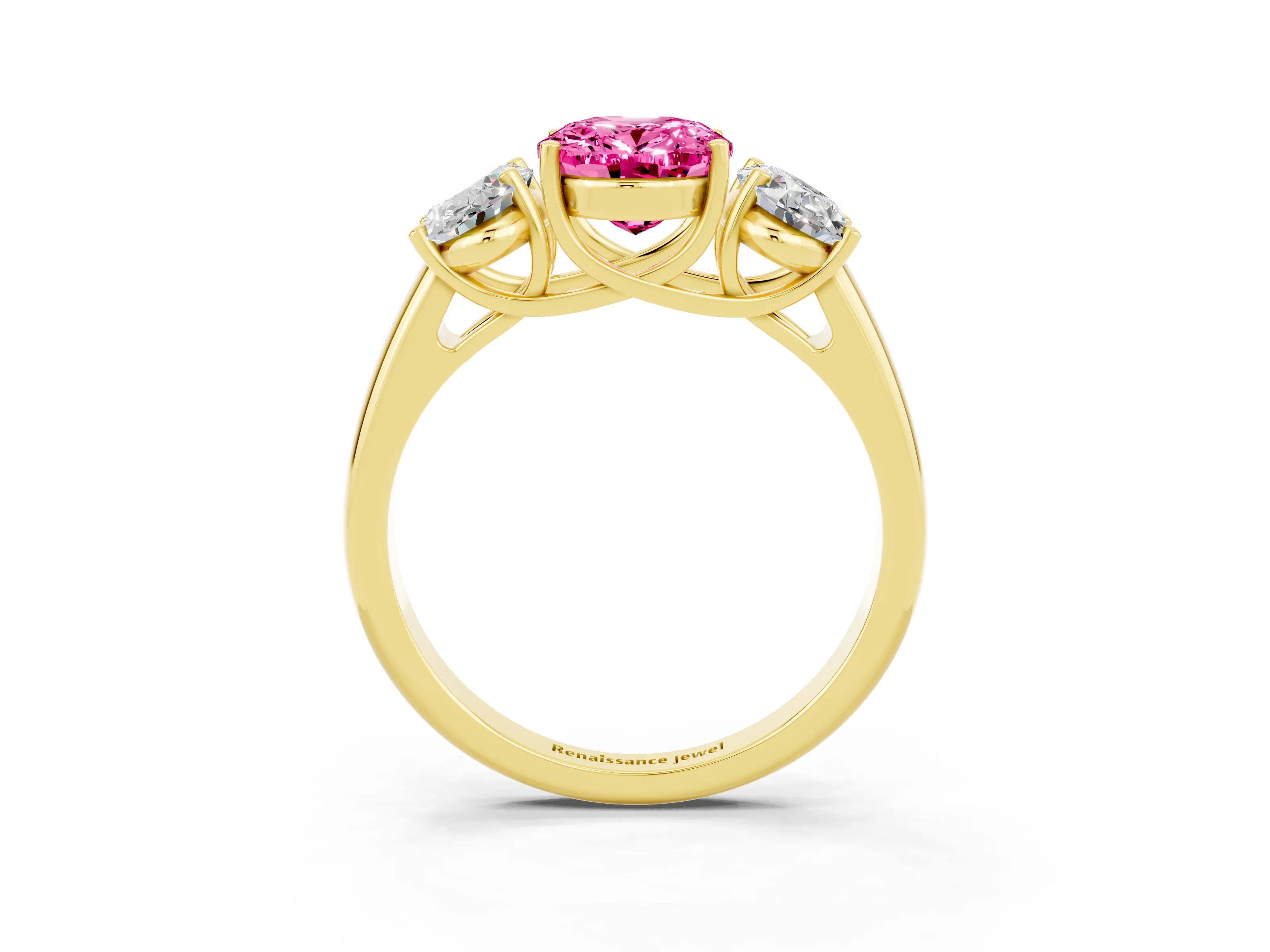 Yellow gold Three-Stone Oval Cut Pink Sapphire Engagement Ring with Prong Setting_3