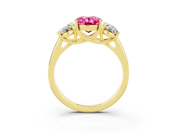 Yellow gold Three-Stone Oval Cut Pink Sapphire Engagement Ring with Prong Setting