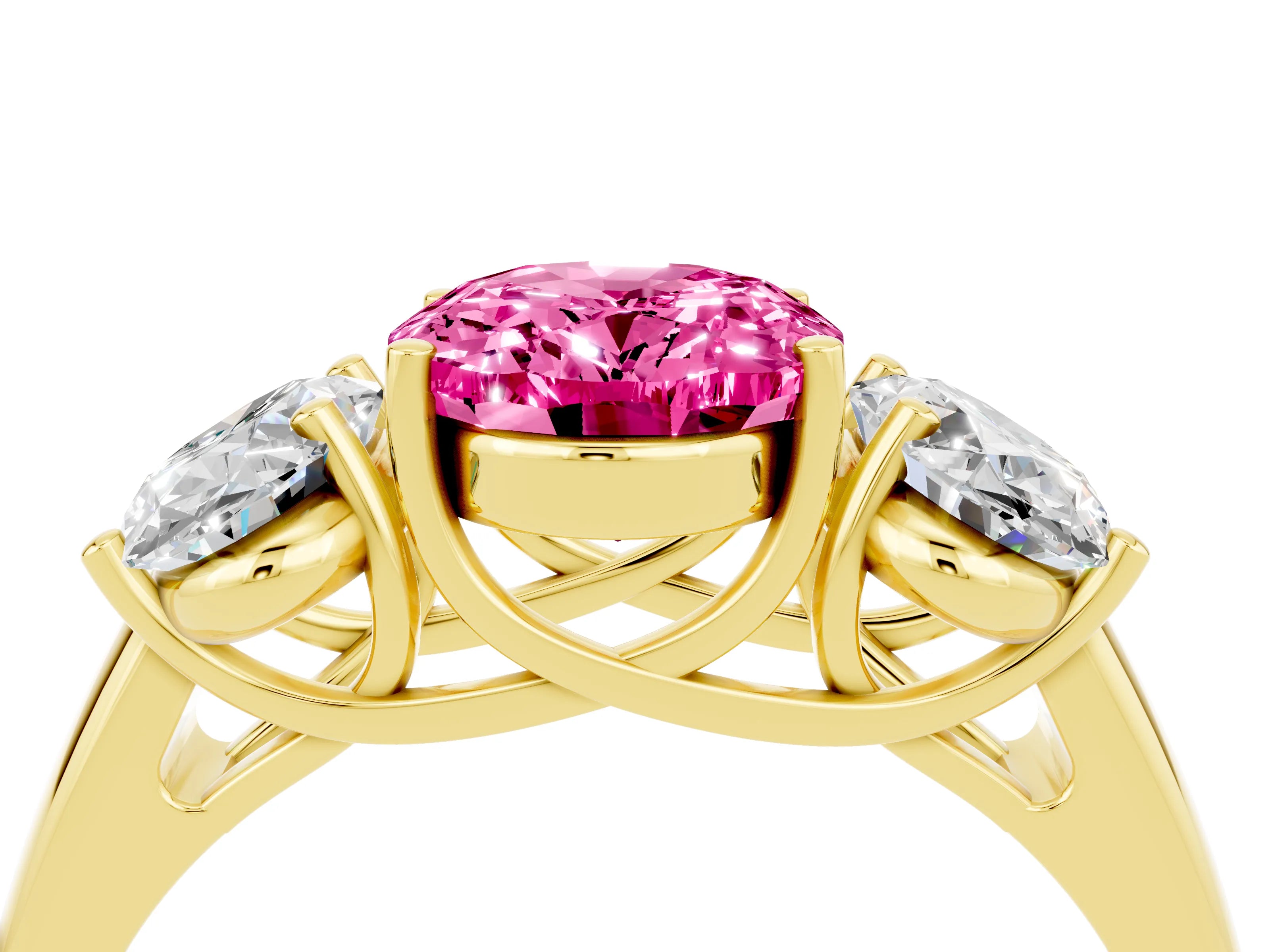 Yellow gold Three-Stone Oval Cut Pink Sapphire Engagement Ring with Prong Setting_4