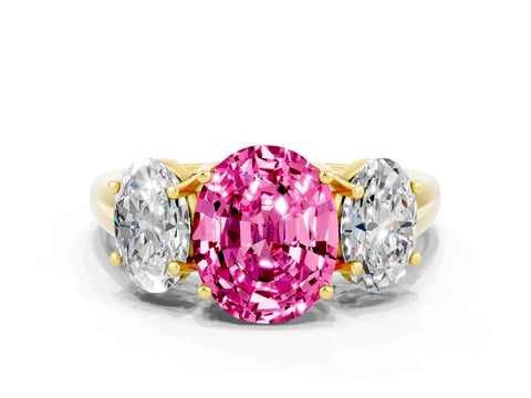 Yellow gold Three-Stone Oval Cut Pink Sapphire Engagement Ring with Prong Setting
