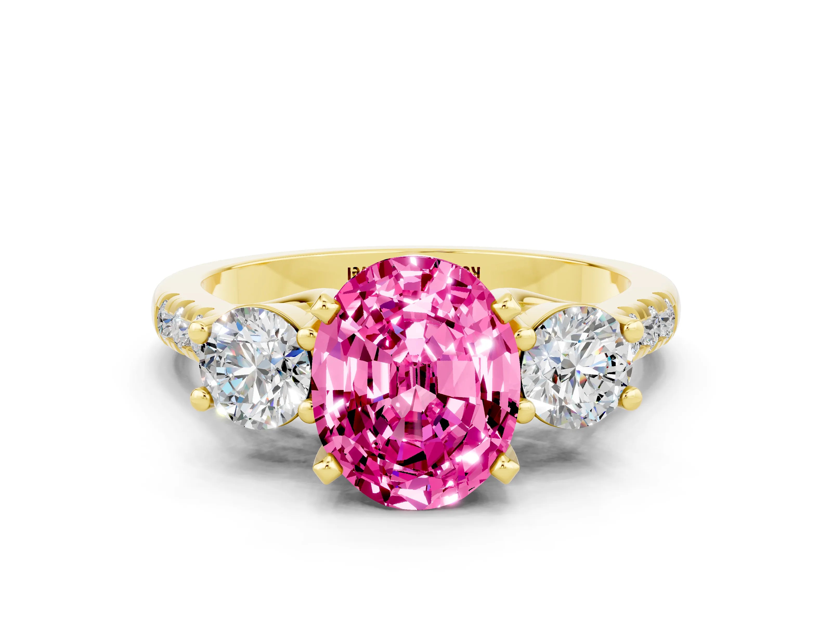Yellow gold Three-Stone Oval Cut Pink Sapphire Pavé Band with Four-Prong Setting_24