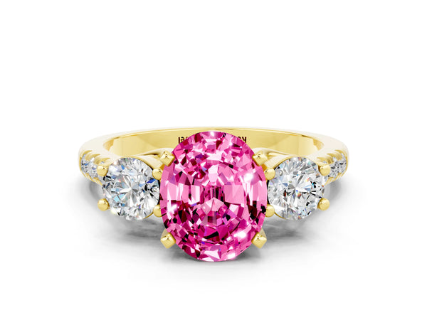 Yellow gold Three-Stone Oval Cut Pink Sapphire Pavé Band with Four-Prong Setting