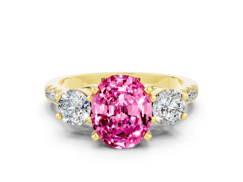 Yellow gold Three-Stone Oval Cut Pink Sapphire Pavé Band with Four-Prong Setting_24