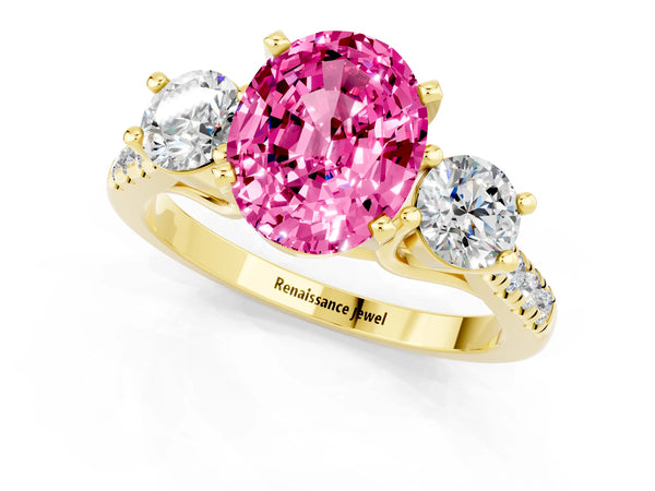 Yellow gold Three-Stone Oval Cut Pink Sapphire Pavé Band with Four-Prong Setting