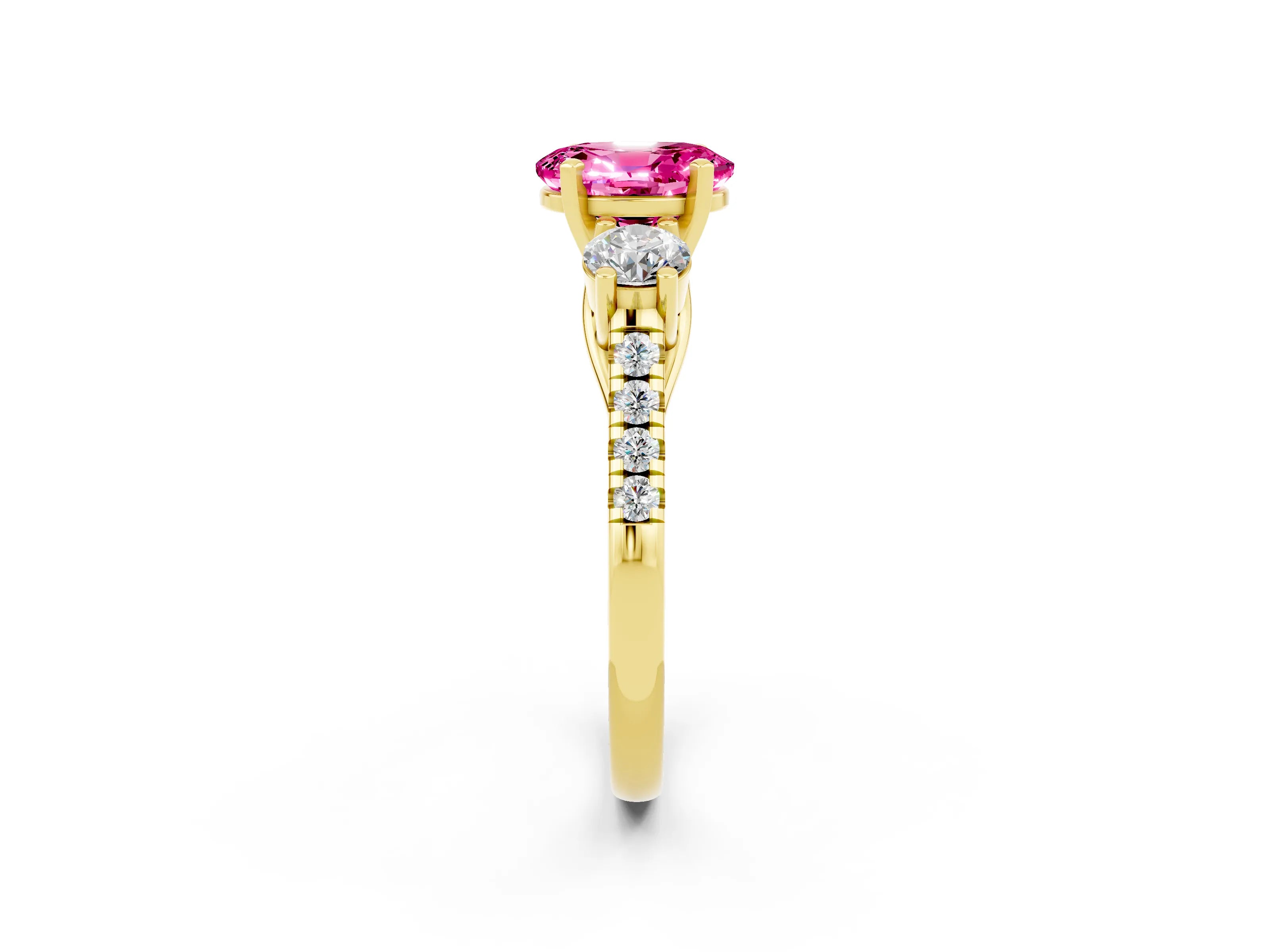 Yellow gold Three-Stone Oval Cut Pink Sapphire Pavé Band with Four-Prong Setting_26