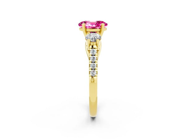 Yellow gold Three-Stone Oval Cut Pink Sapphire Pavé Band with Four-Prong Setting