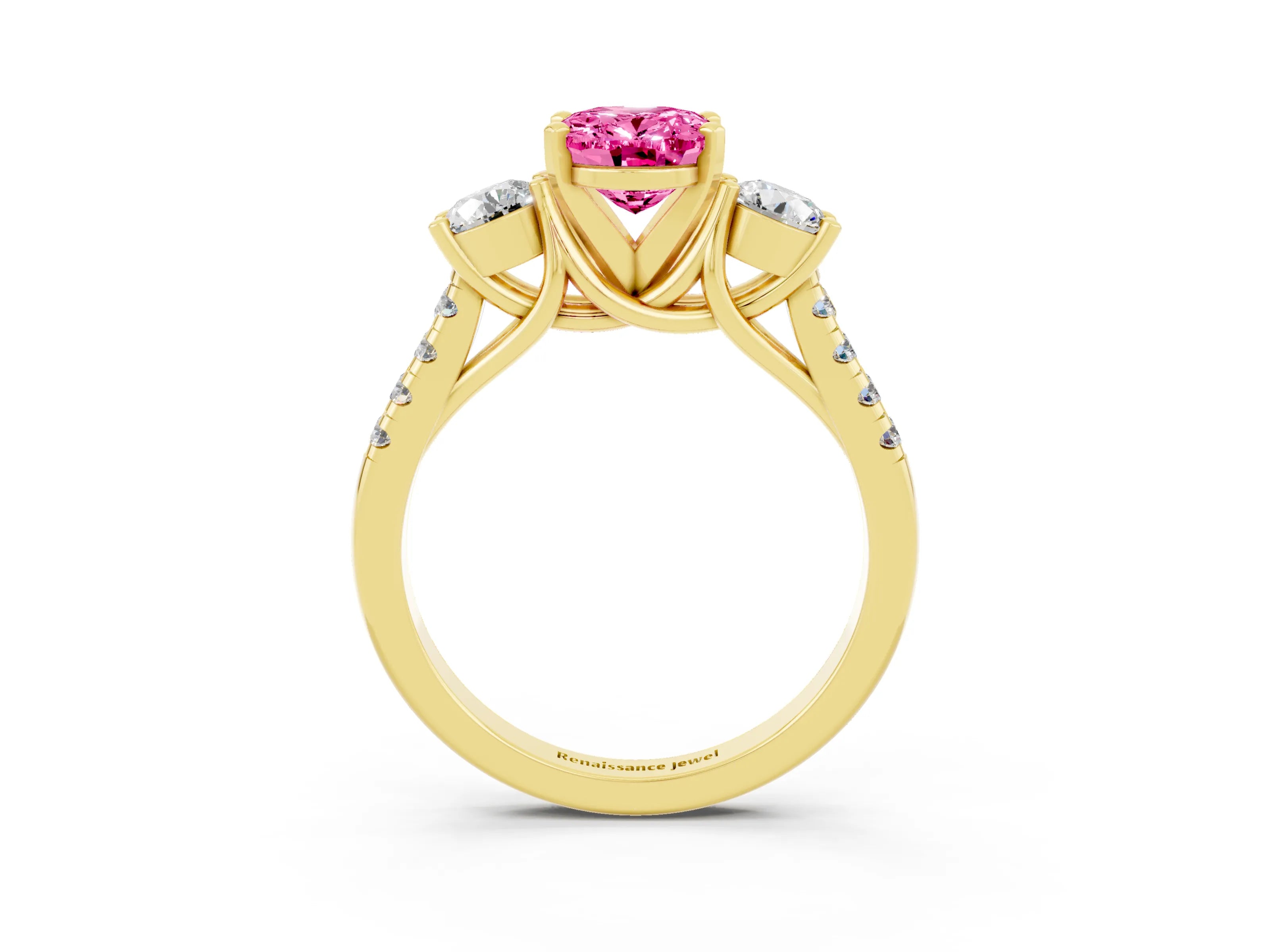 Yellow gold Three-Stone Oval Cut Pink Sapphire Pavé Band with Four-Prong Setting_27