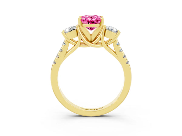 Yellow gold Three-Stone Oval Cut Pink Sapphire Pavé Band with Four-Prong Setting