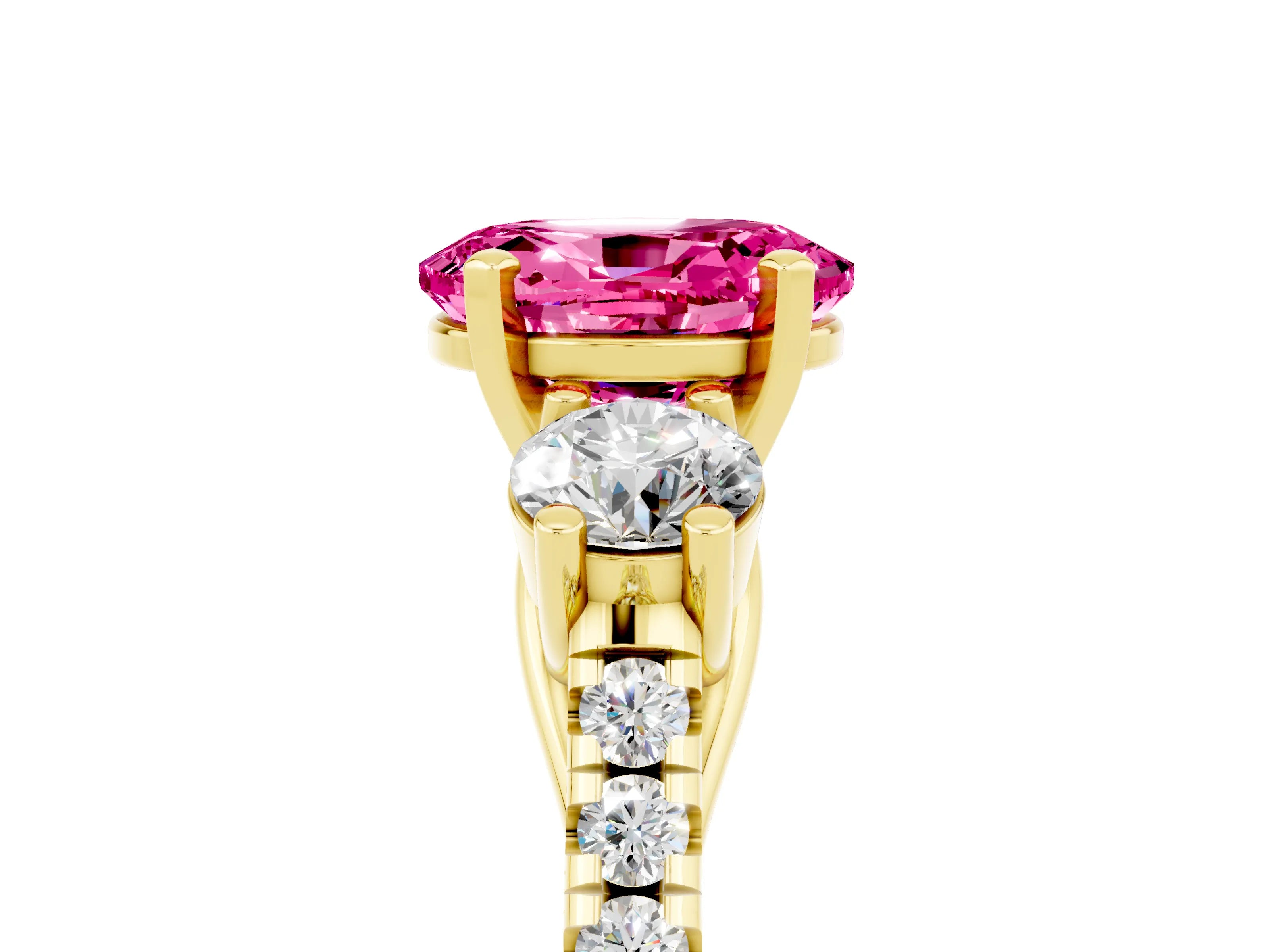 Yellow gold Three-Stone Oval Cut Pink Sapphire Pavé Band with Four-Prong Setting_29