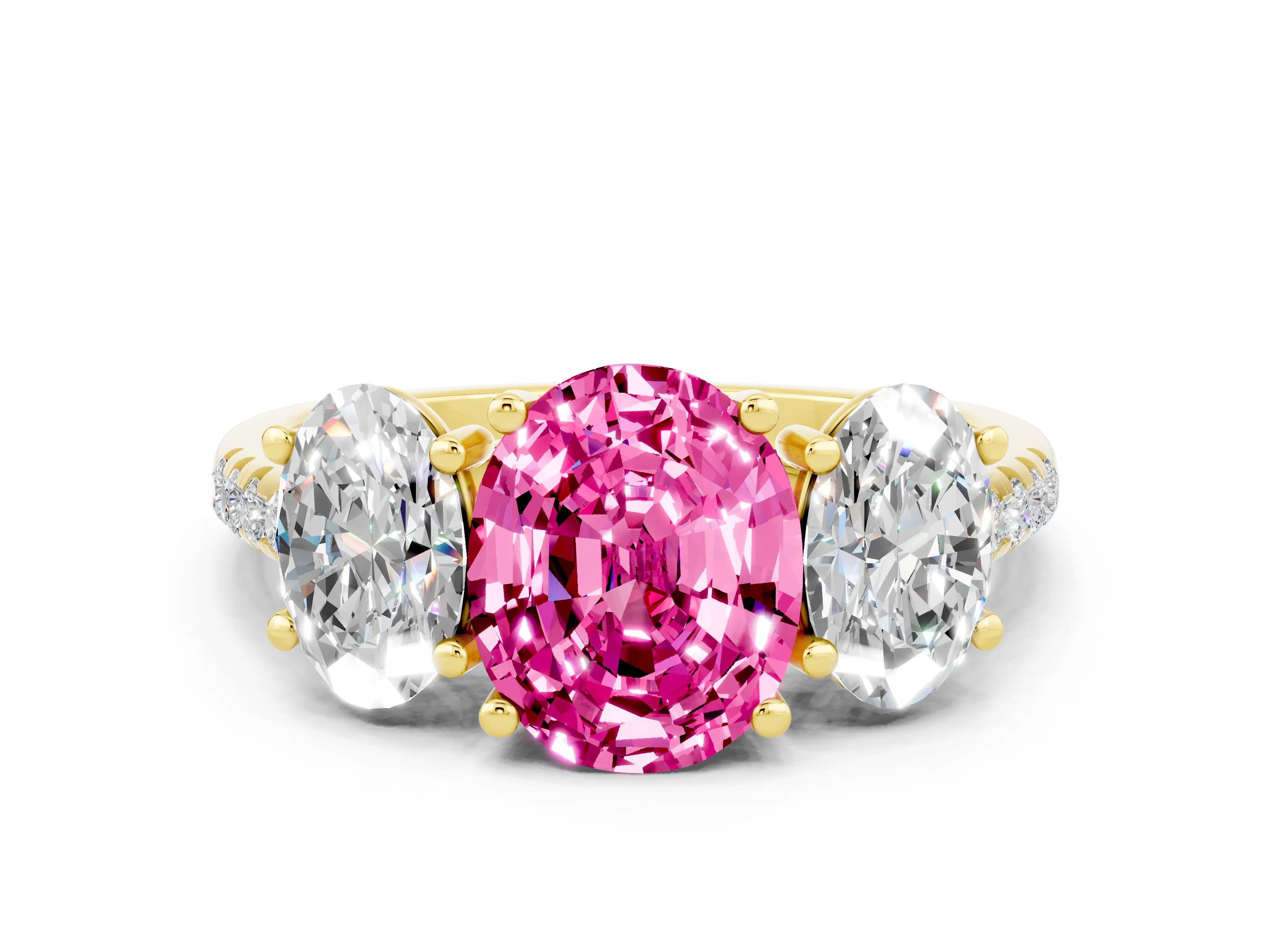 Yellow gold Three-Stone Oval Cut Pink Sapphire Ring with Pavé Band and Prong Setting_36