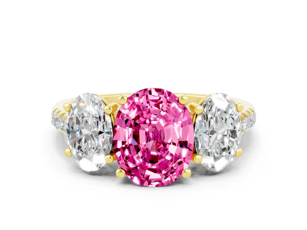 Yellow gold Three-Stone Oval Cut Pink Sapphire Ring with Round  Pavé Band and Prong Setting