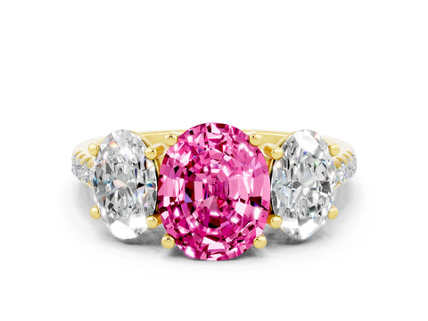 Yellow gold Three-Stone Oval Cut Pink Sapphire Ring with Pavé Band and Prong Setting_36