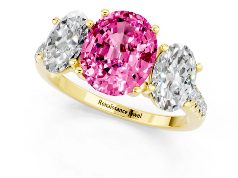 Yellow gold Three-Stone Oval Cut Pink Sapphire Ring with Pavé Band and Prong Setting_37