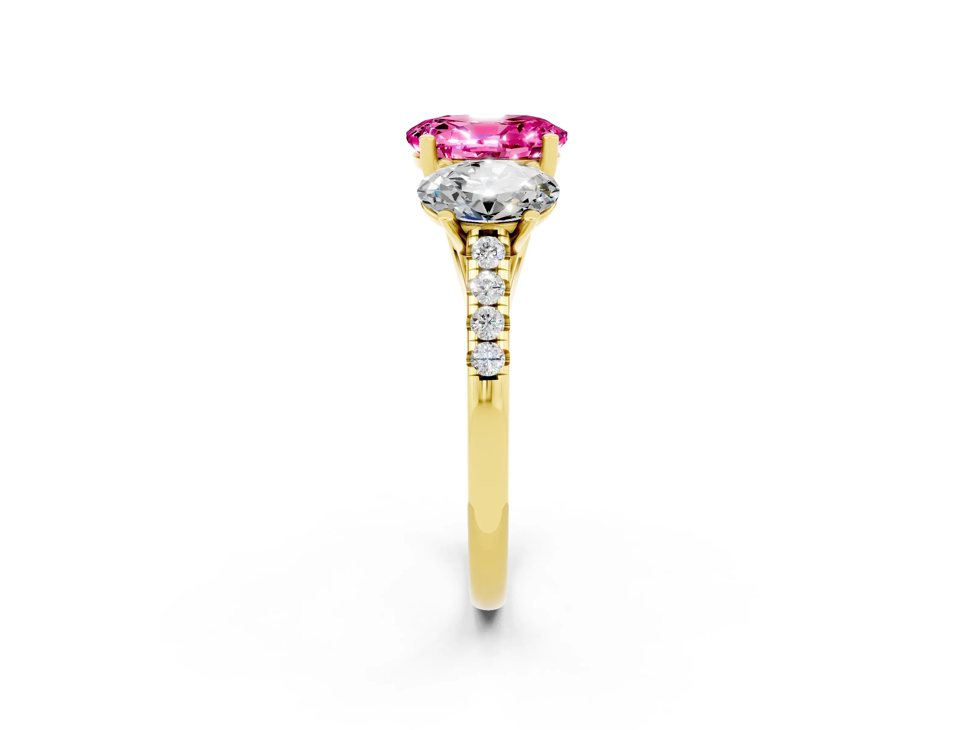 Yellow gold Three-Stone Oval Cut Pink Sapphire Ring with Pavé Band and Prong Setting_38