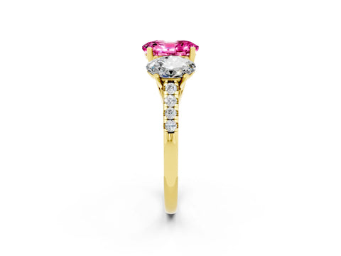 Yellow gold Three-Stone Oval Cut Pink Sapphire Ring with Pavé Band and Prong Setting_38
