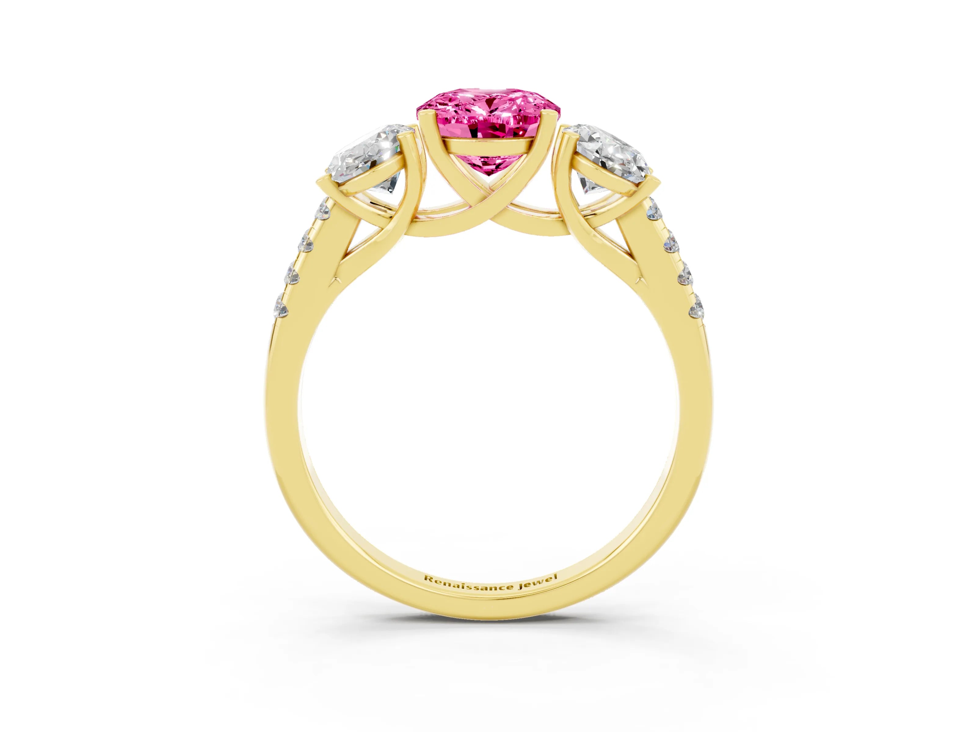 Yellow gold Three-Stone Oval Cut Pink Sapphire Ring with Pavé Band and Prong Setting_39