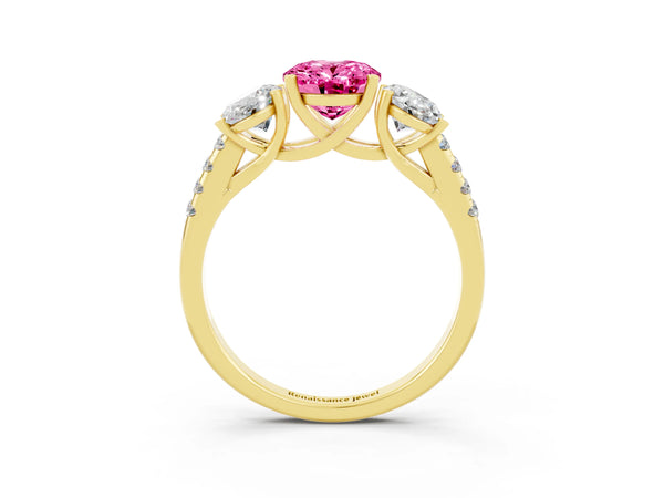 Yellow gold Three-Stone Oval Cut Pink Sapphire Ring with Round  Pavé Band and Prong Setting