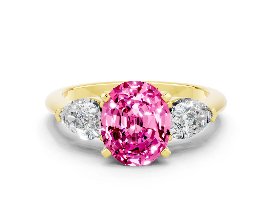 Yellow gold Three-Stone Oval Cut Pink Sapphire Ring with Pear Side Stones and Four-Prong Setting_24