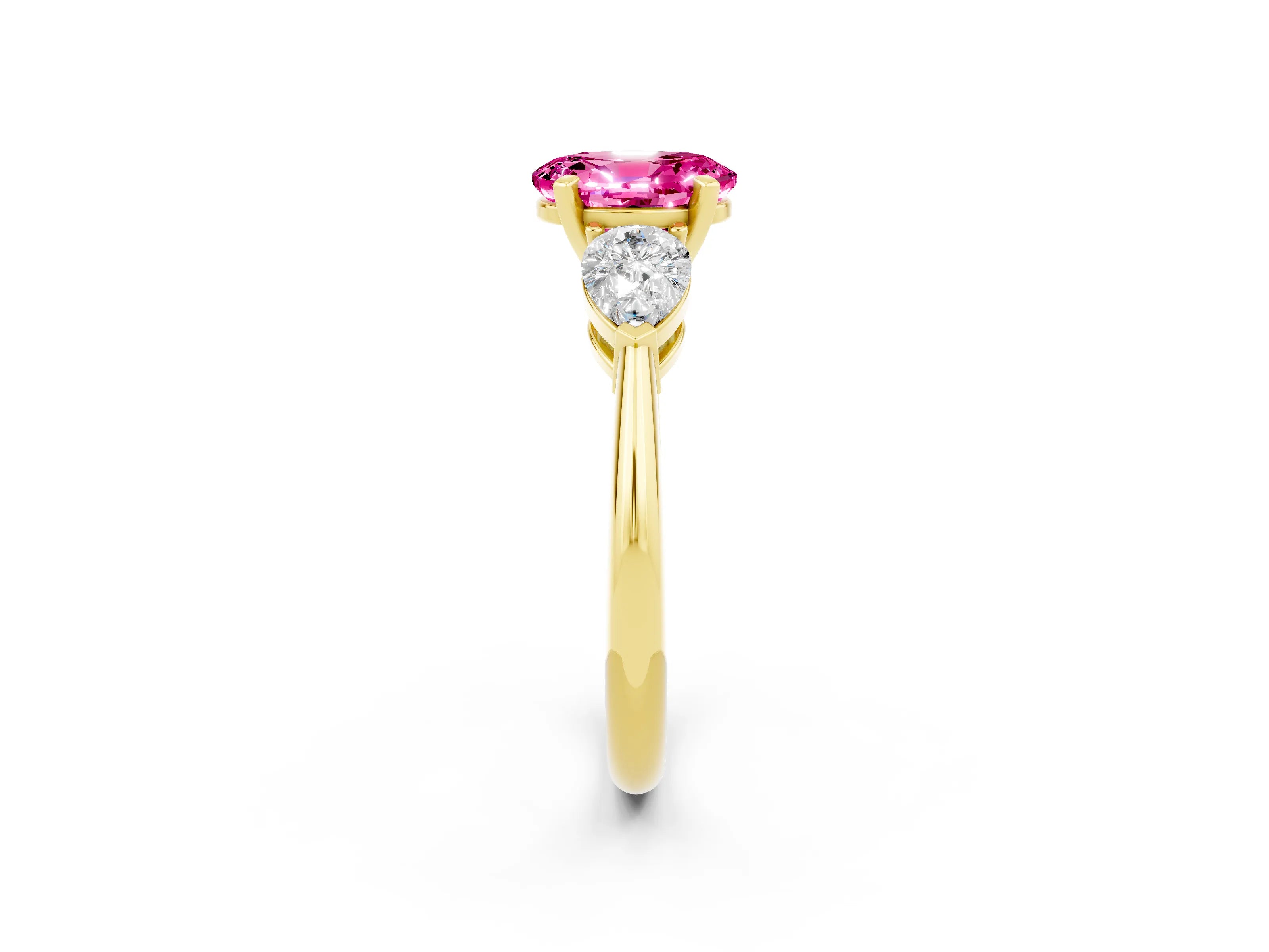 Yellow gold Three-Stone Oval Cut Pink Sapphire Ring with Pear Side Stones and Four-Prong Setting_26