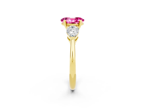 Yellow gold Three-Stone Oval Cut Pink Sapphire Ring with Pear Side Stones and Four-Prong Setting