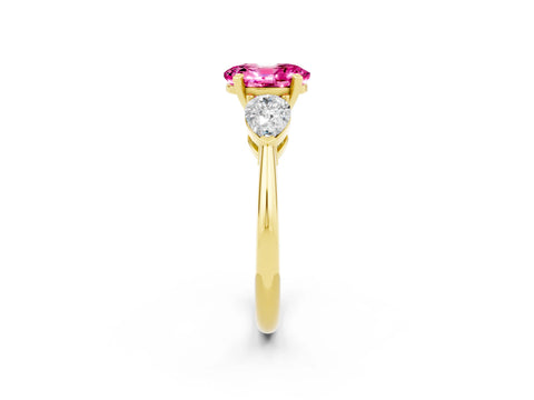 Yellow gold Three-Stone Oval Cut Pink Sapphire Ring with Pear Side Stones and Four-Prong Setting_26
