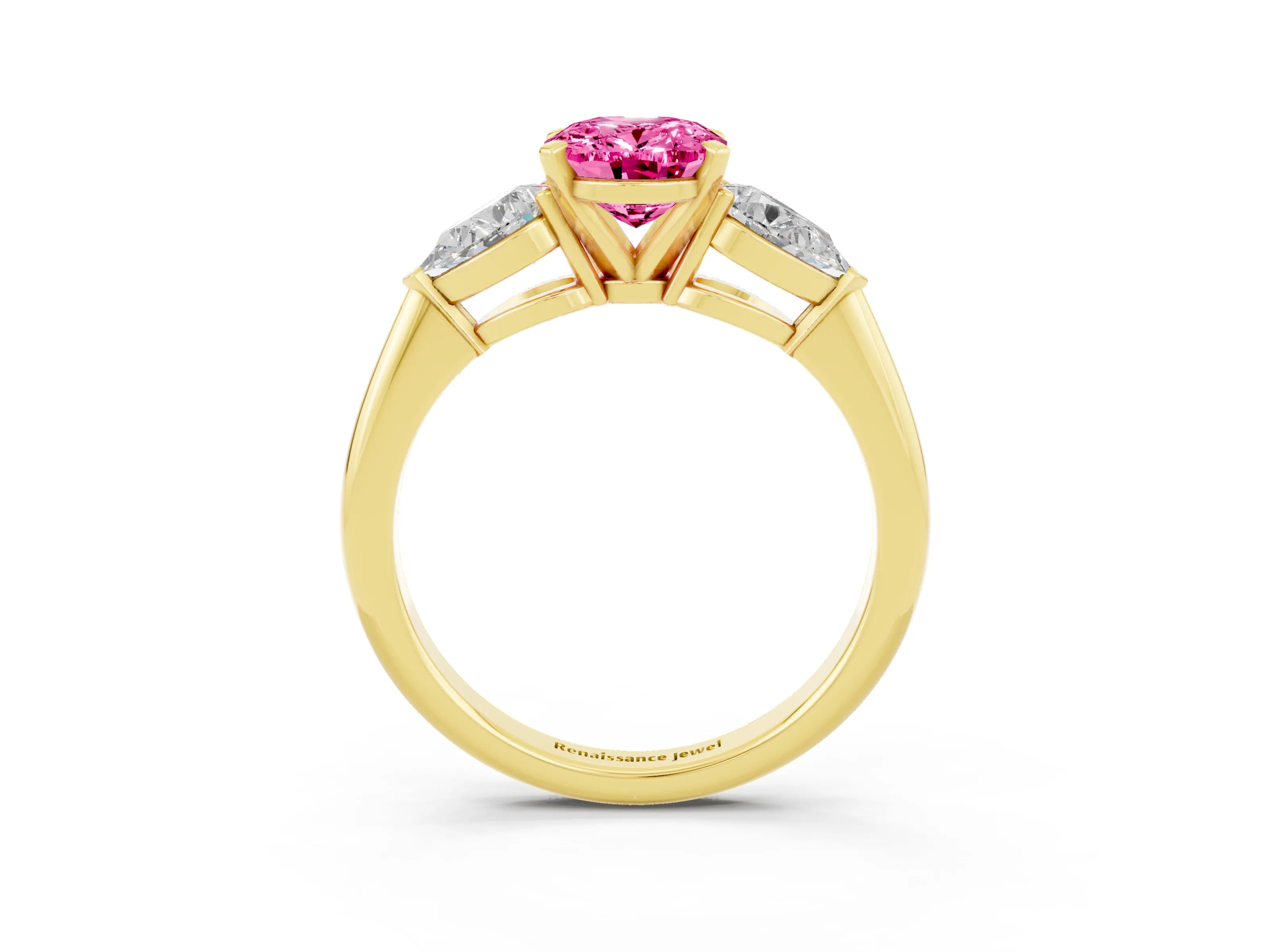 Yellow gold Three-Stone Oval Cut Pink Sapphire Ring with Pear Side Stones and Four-Prong Setting_27
