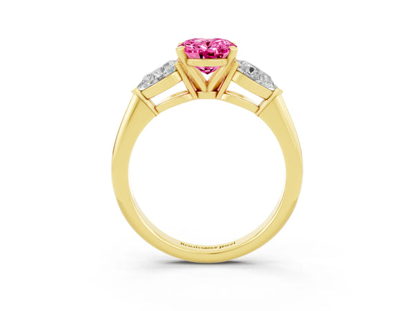 Yellow gold Three-Stone Oval Cut Pink Sapphire Ring with Pear Side Stones and Four-Prong Setting