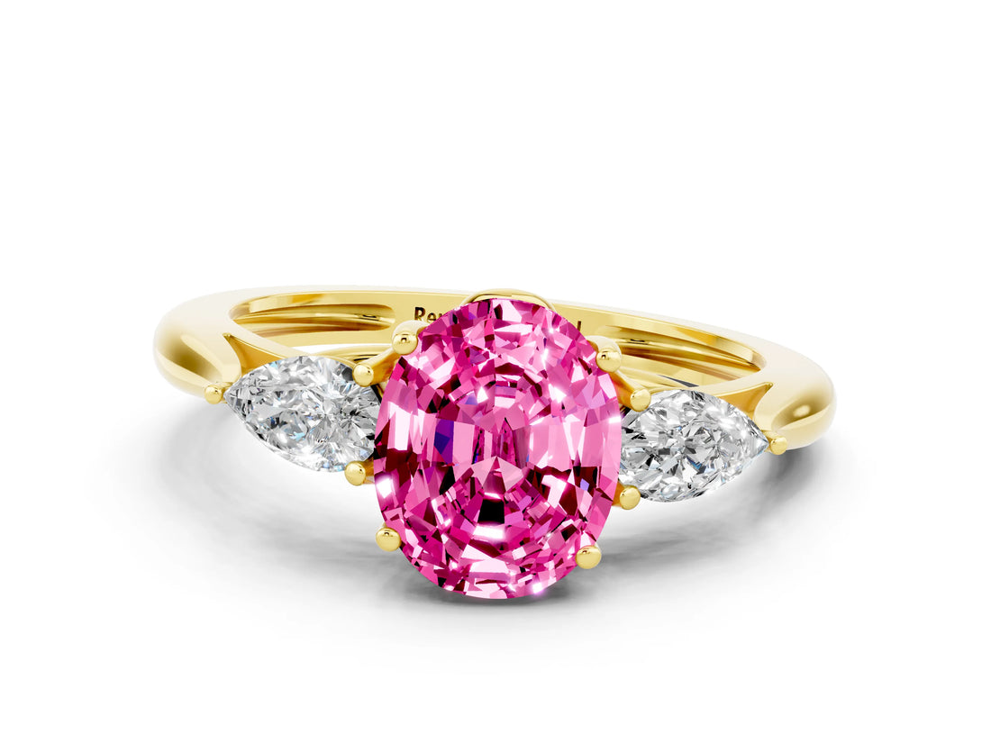 Yellow gold Three-Stone Oval Cut Pink Sapphire Ring with Pear  Side Stones in Four-Prong Setting_12