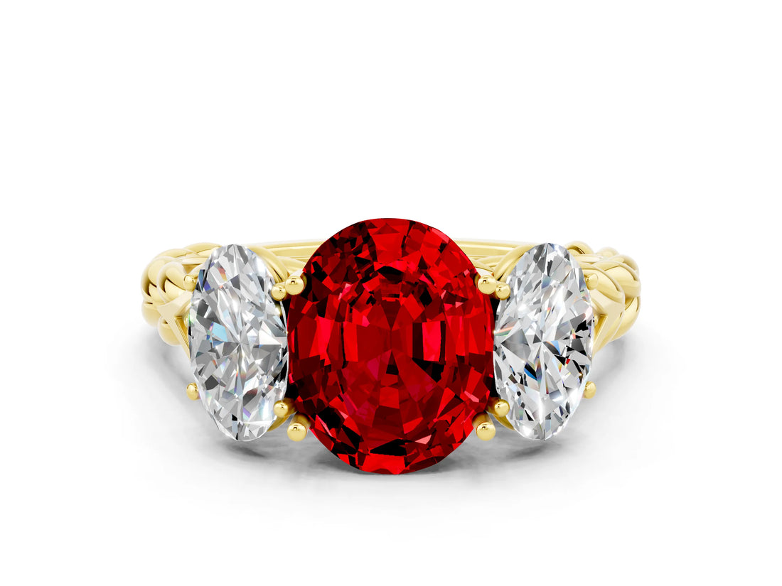 Yellow gold Three-Stone Oval Cut Ruby Braided Band Ring with Four-Prong Setting_12