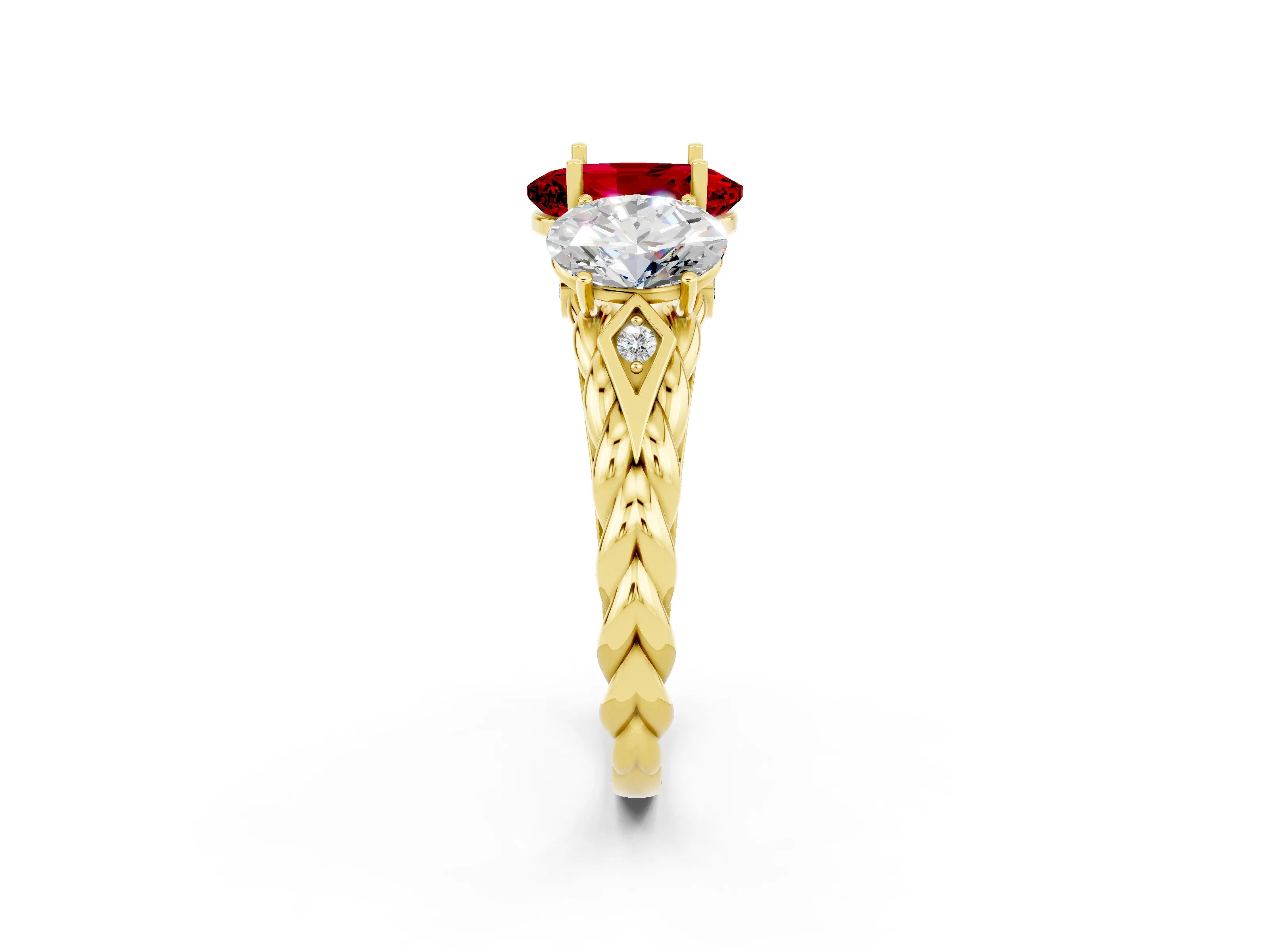 Yellow gold Three-Stone Oval Cut Ruby Braided Band Ring with Four-Prong Setting_14