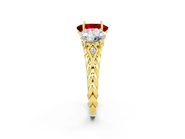 Yellow gold Three-Stone Oval Cut Ruby Braided Band Ring with Four-Prong Setting