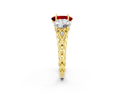 Yellow gold Three-Stone Oval Cut Ruby Braided Band Ring with Four-Prong Setting_14