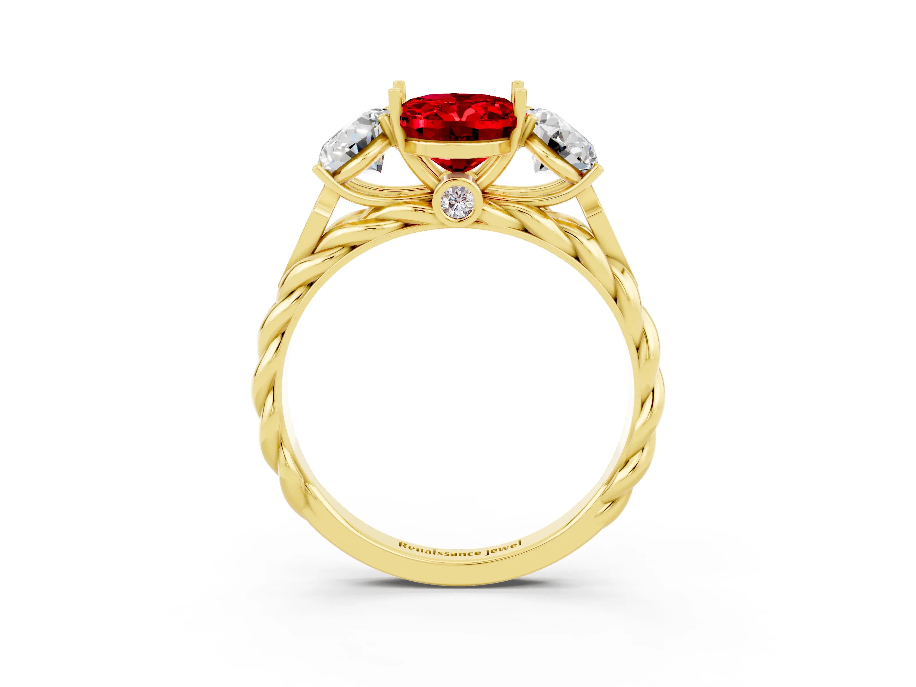 Yellow gold Three-Stone Oval Cut Ruby Braided Band Ring with Four-Prong Setting_15