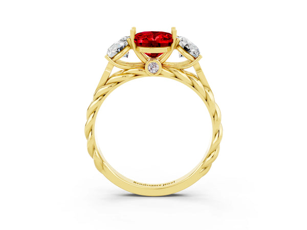 Yellow gold Three-Stone Oval Cut Ruby Braided Band Ring with Four-Prong Setting