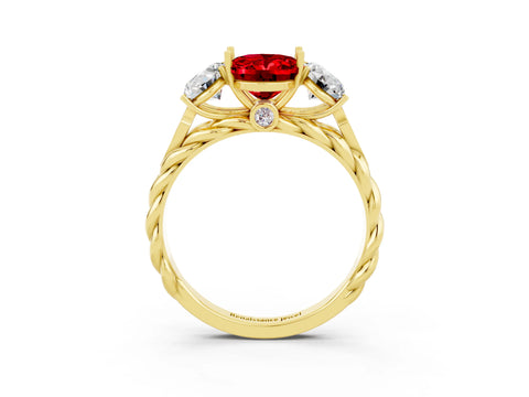 Yellow gold Three-Stone Oval Cut Ruby Braided Band Ring with Four-Prong Setting_15