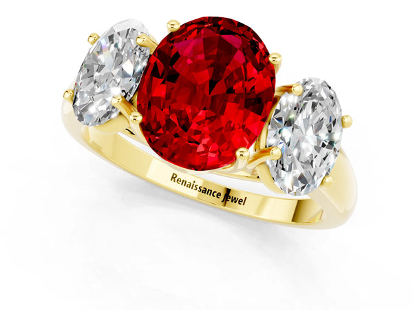 Yellow gold Three-Stone Oval Cut Ruby Engagement Ring with Prong Setting