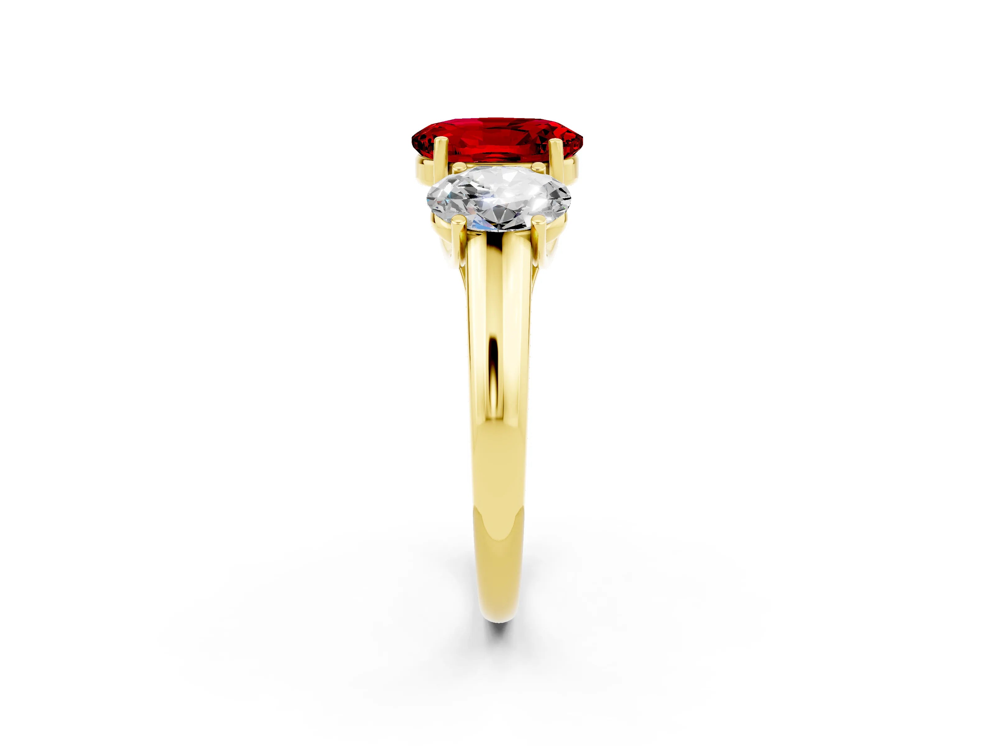 Yellow gold Three-Stone Oval Cut Ruby Engagement Ring with Prong Setting_2