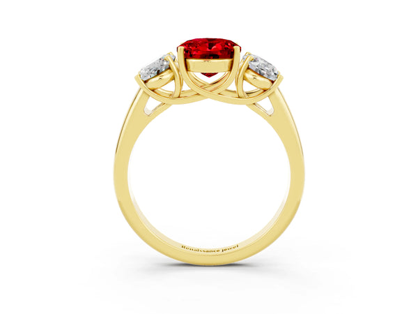 Yellow gold Three-Stone Oval Cut Ruby Engagement Ring with Prong Setting