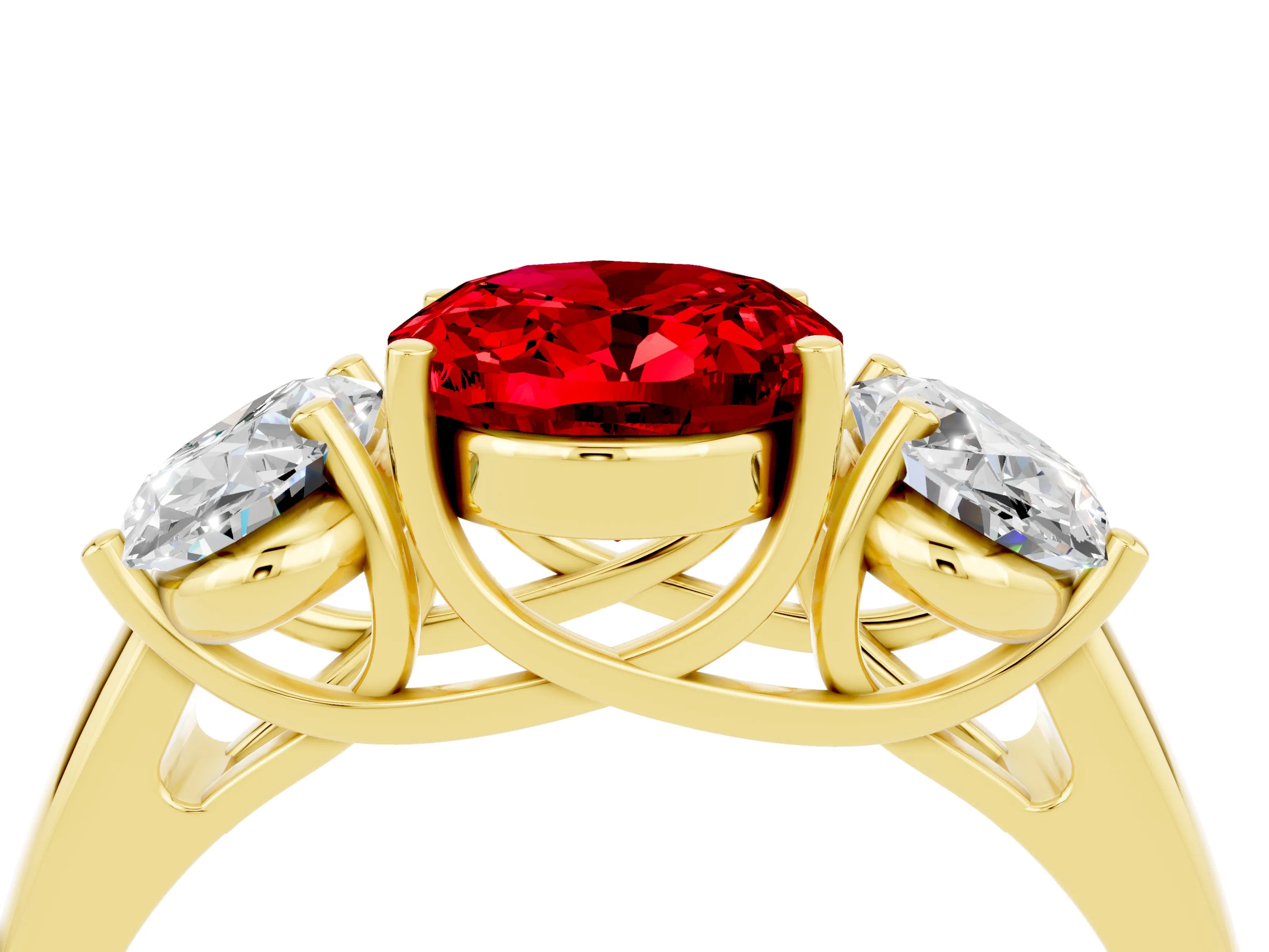 Yellow gold Three-Stone Oval Cut Ruby Engagement Ring with Prong Setting_4