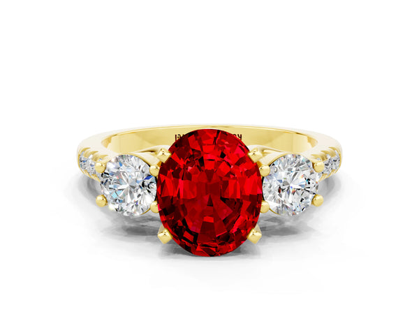 Yellow gold Three-Stone Oval Cut Ruby Pavé Band with Four-Prong Setting