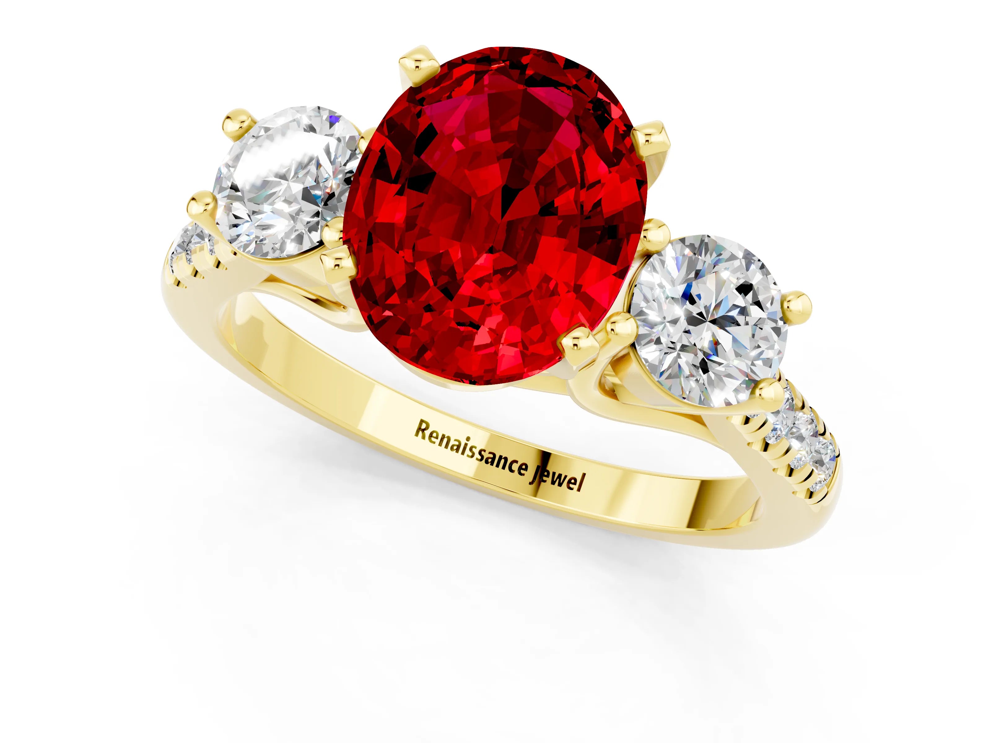Yellow gold Three-Stone Oval Cut Ruby Pavé Band with Four-Prong Setting_1
