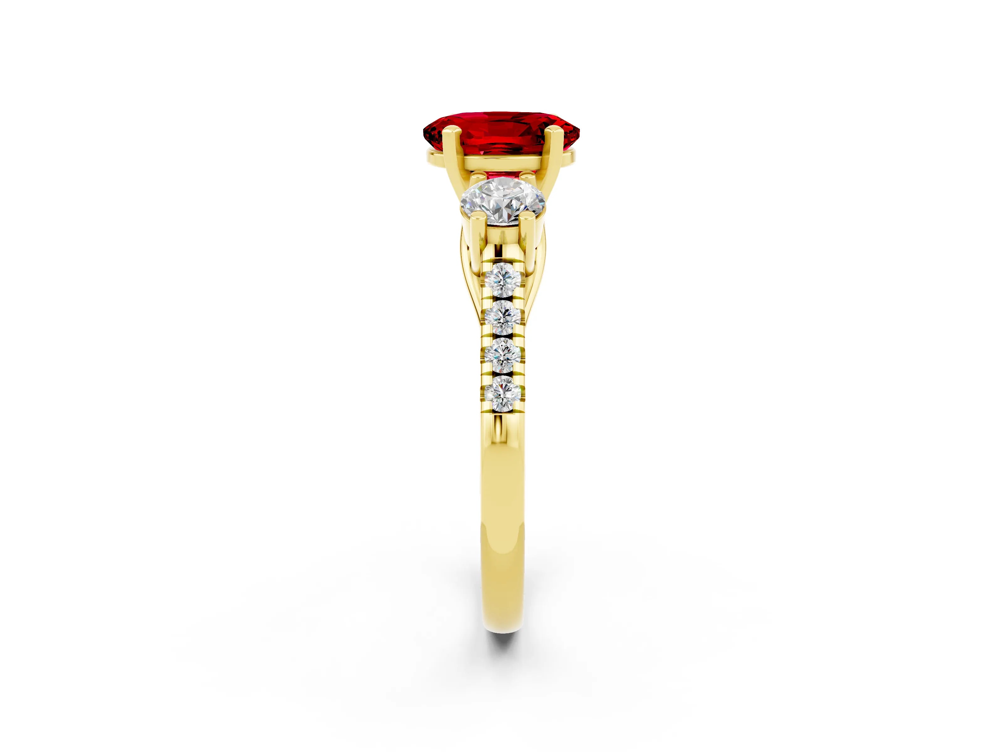 Yellow gold Three-Stone Oval Cut Ruby Pavé Band with Four-Prong Setting_2