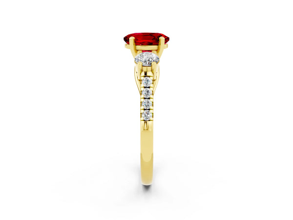 Yellow gold Three-Stone Oval Cut Ruby Pavé Band with Four-Prong Setting