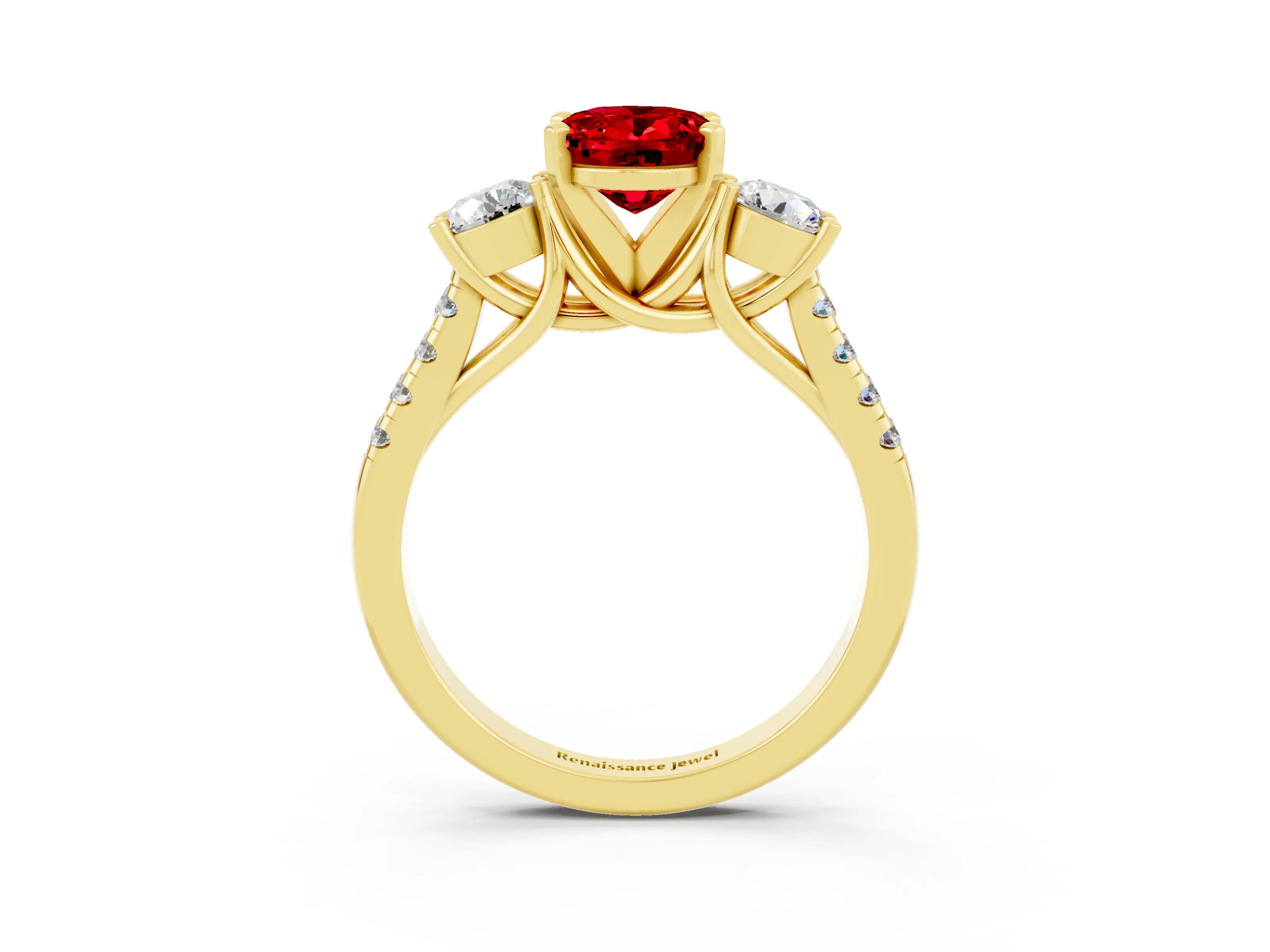 Yellow gold Three-Stone Oval Cut Ruby Pavé Band with Four-Prong Setting_3