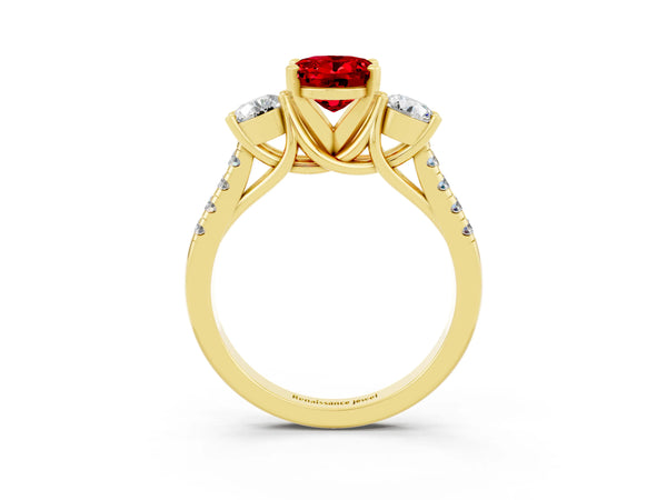 Yellow gold Three-Stone Oval Cut Ruby Pavé Band with Four-Prong Setting