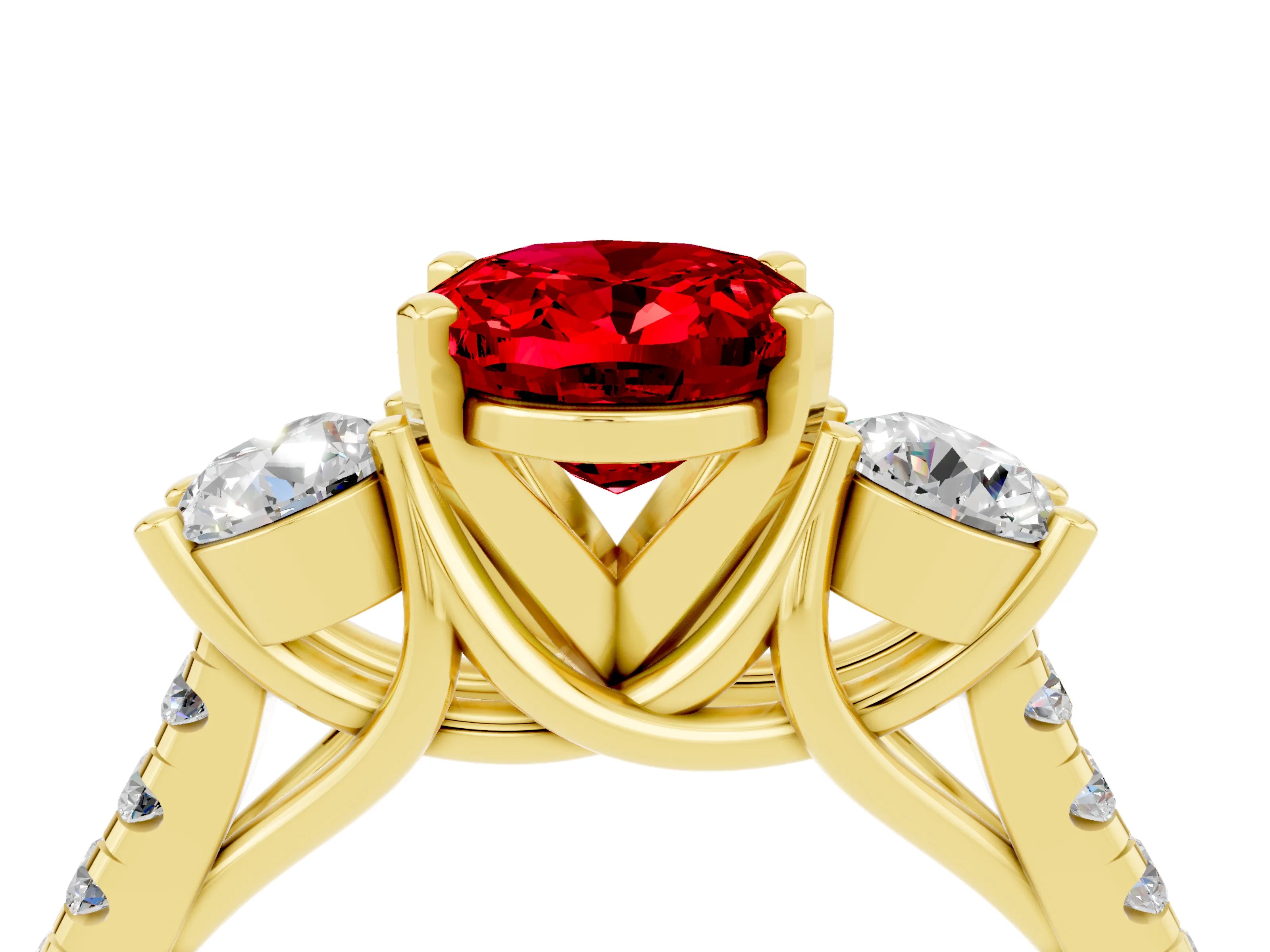 Yellow gold Three-Stone Oval Cut Ruby Pavé Band with Four-Prong Setting_4