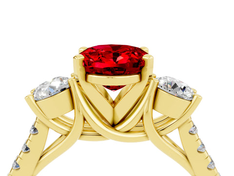Yellow gold Three-Stone Oval Cut Ruby Pavé Band with Four-Prong Setting_4